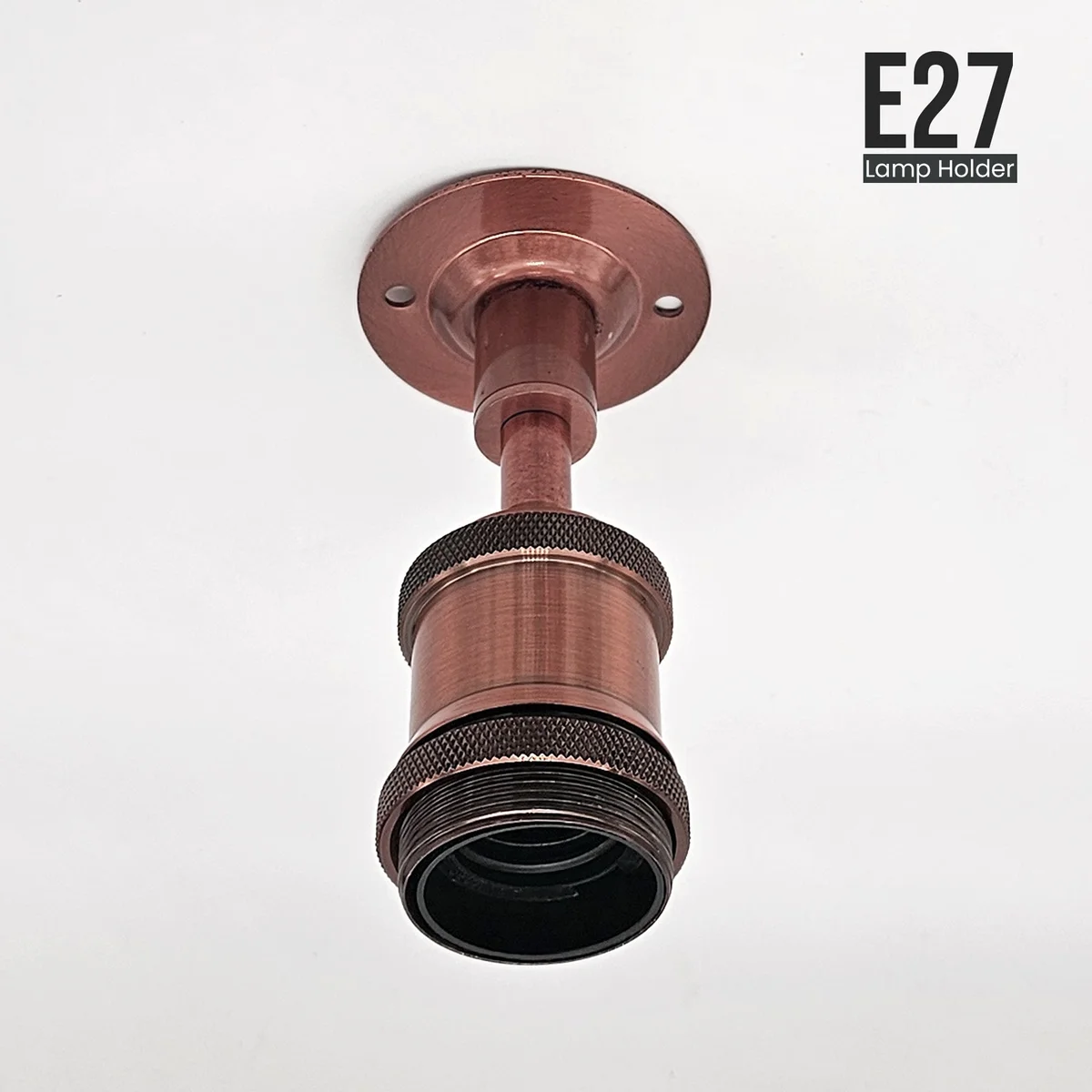 Metal dome 20mm conduit ceiling light with visible 20mm entry hole, copper finish, E27 holder and mounting plate.