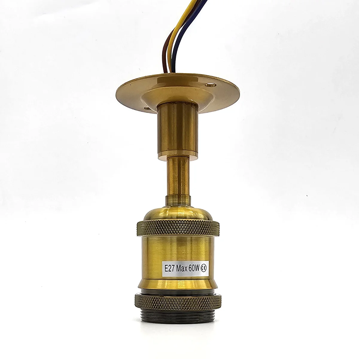 Metal ceiling fitting with 20mm conduit entry, yellow brass finish, featuring an E27 lamp holder fitting and mounting plate.