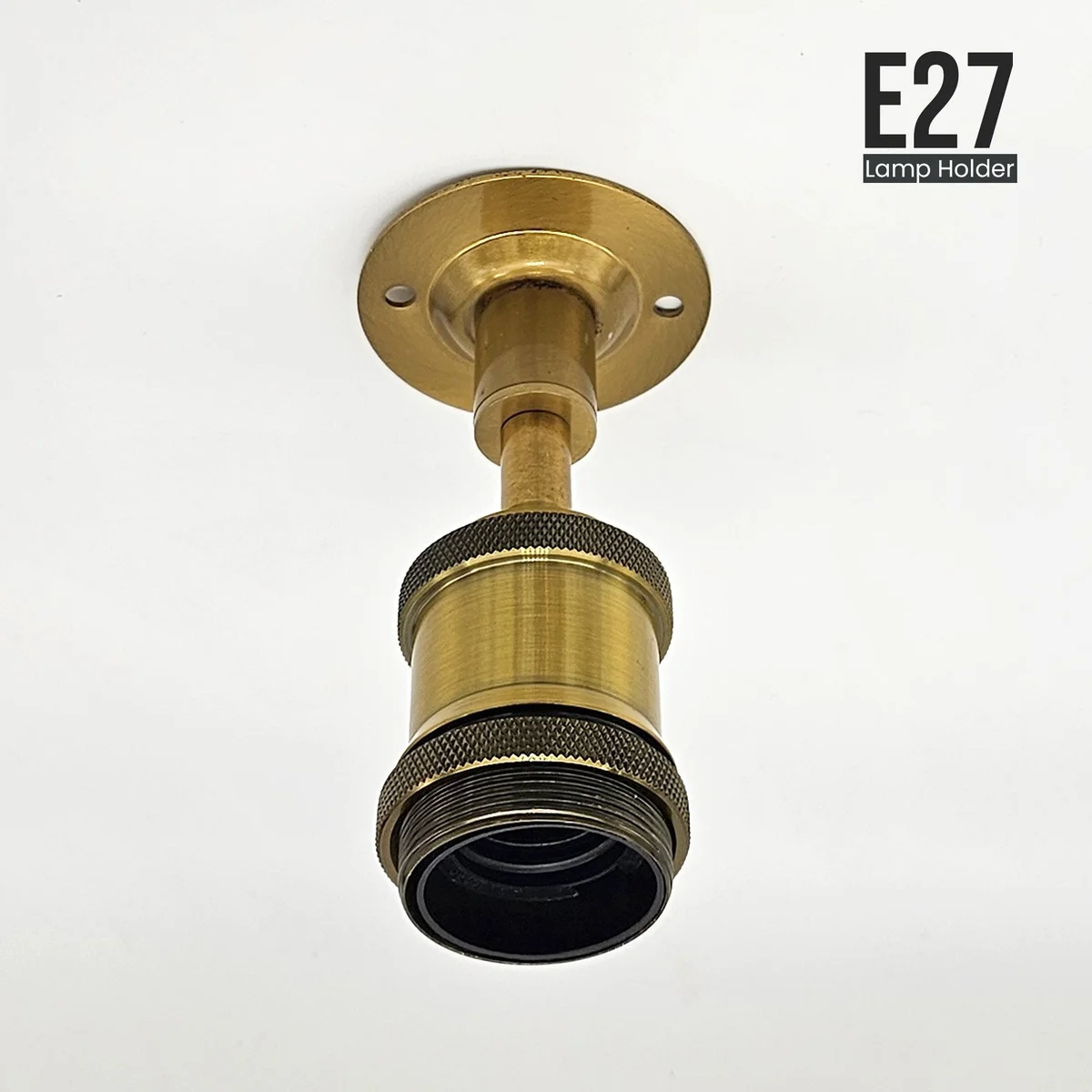 Metal conduit light fitting with 20mm entry, E27 lamp holder, ceiling mount, copper/ yellow brass finish.