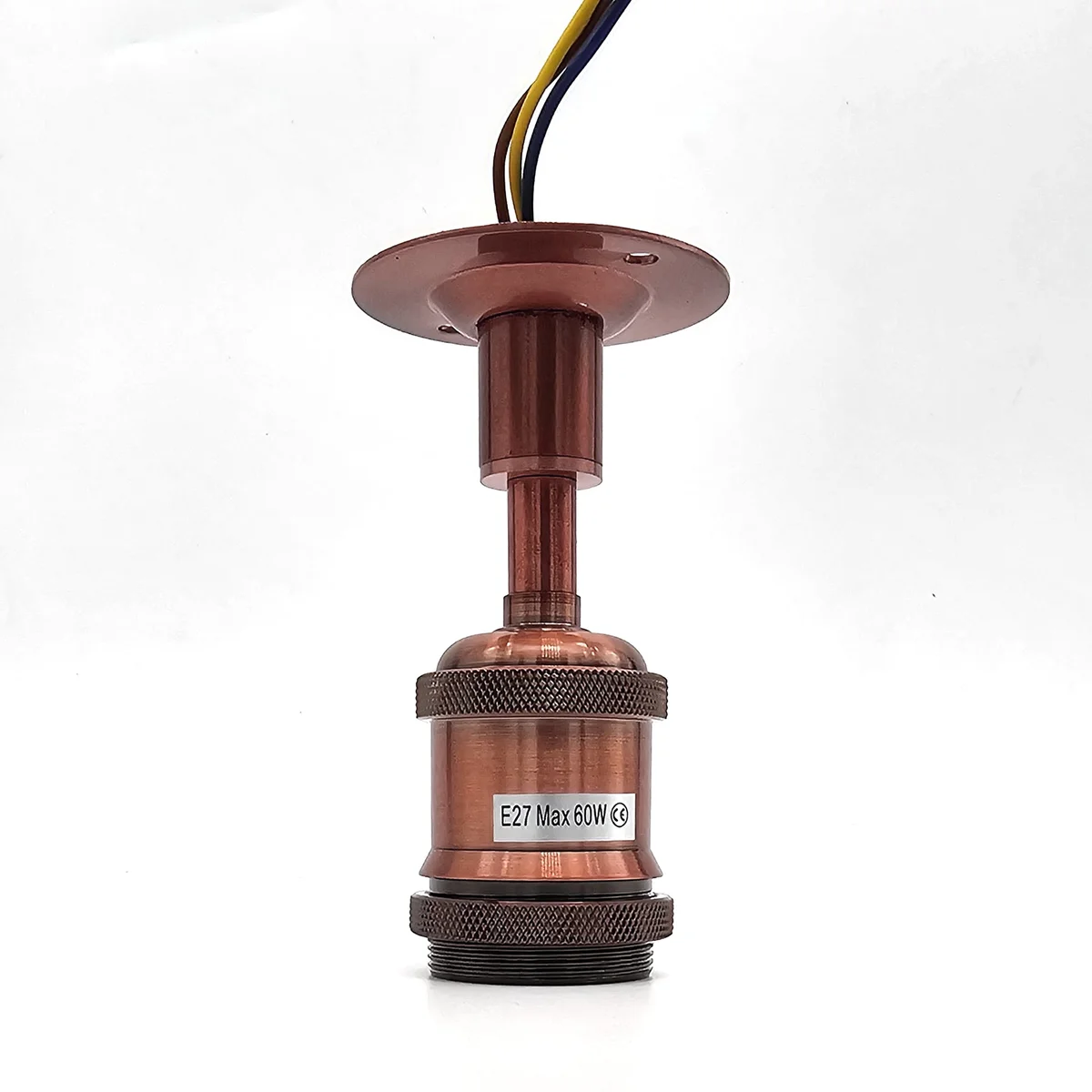 Indoor ceiling light fitting with 20mm conduit dome cover, metal mounting plate and E27 lamp holder.