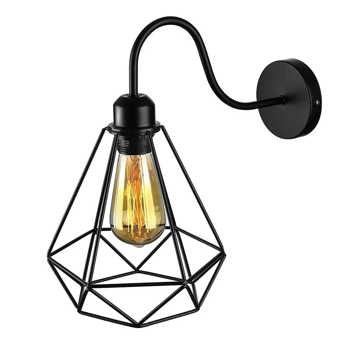 Vintage industrial wall lamp with swan neck arm and diamond metal cage wall sconce in black finish