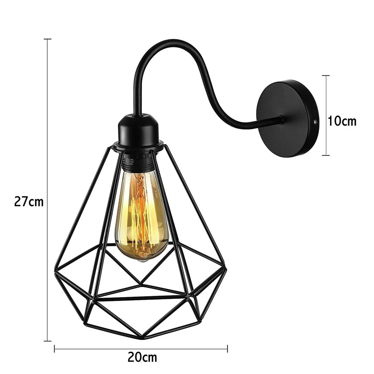 Vintage metal wall light with swan neck arm and diamond cage design, suitable for indoor wall mounting, industrial style