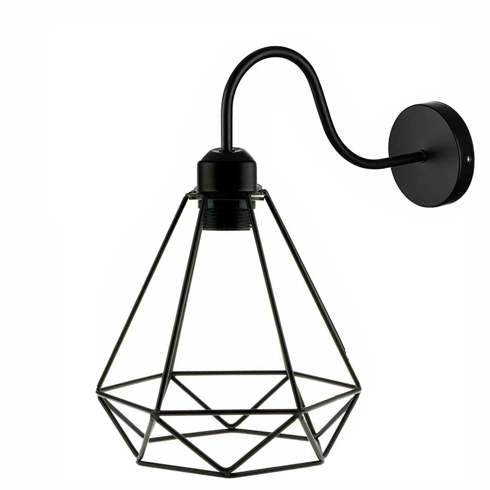 Vintage swan neck E27 bulb wall light with diamond metal cage and industrial style, wall mounted with hardwired fitting