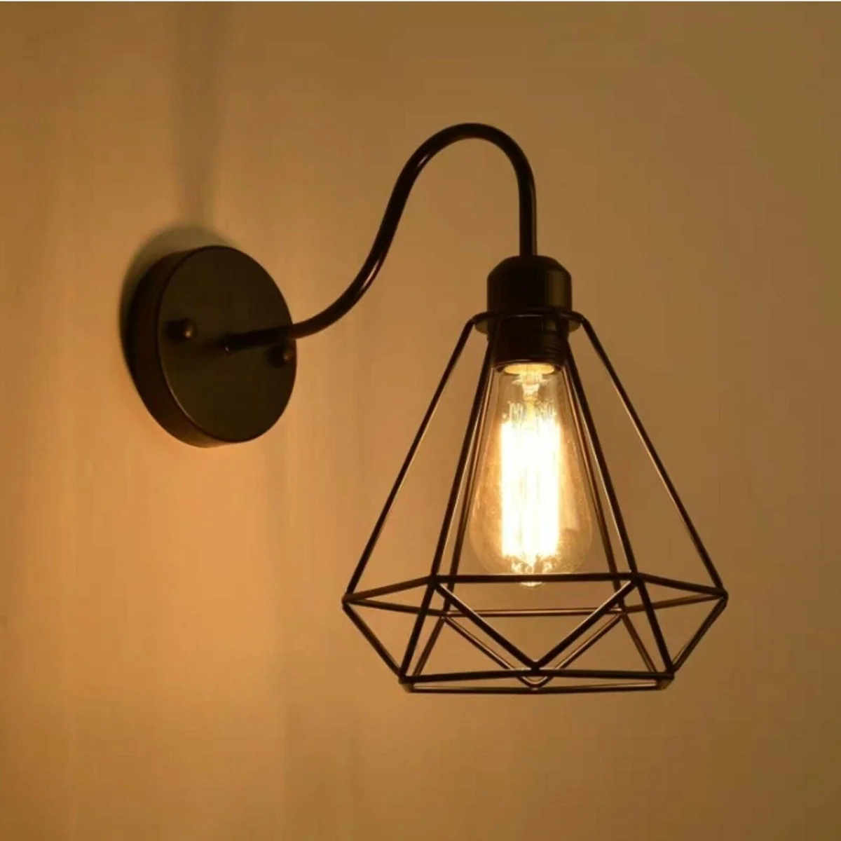 Vintage swan neck wall lamp with metal diamond cage sconce and single E27 bulb fitting, industrial style wall light