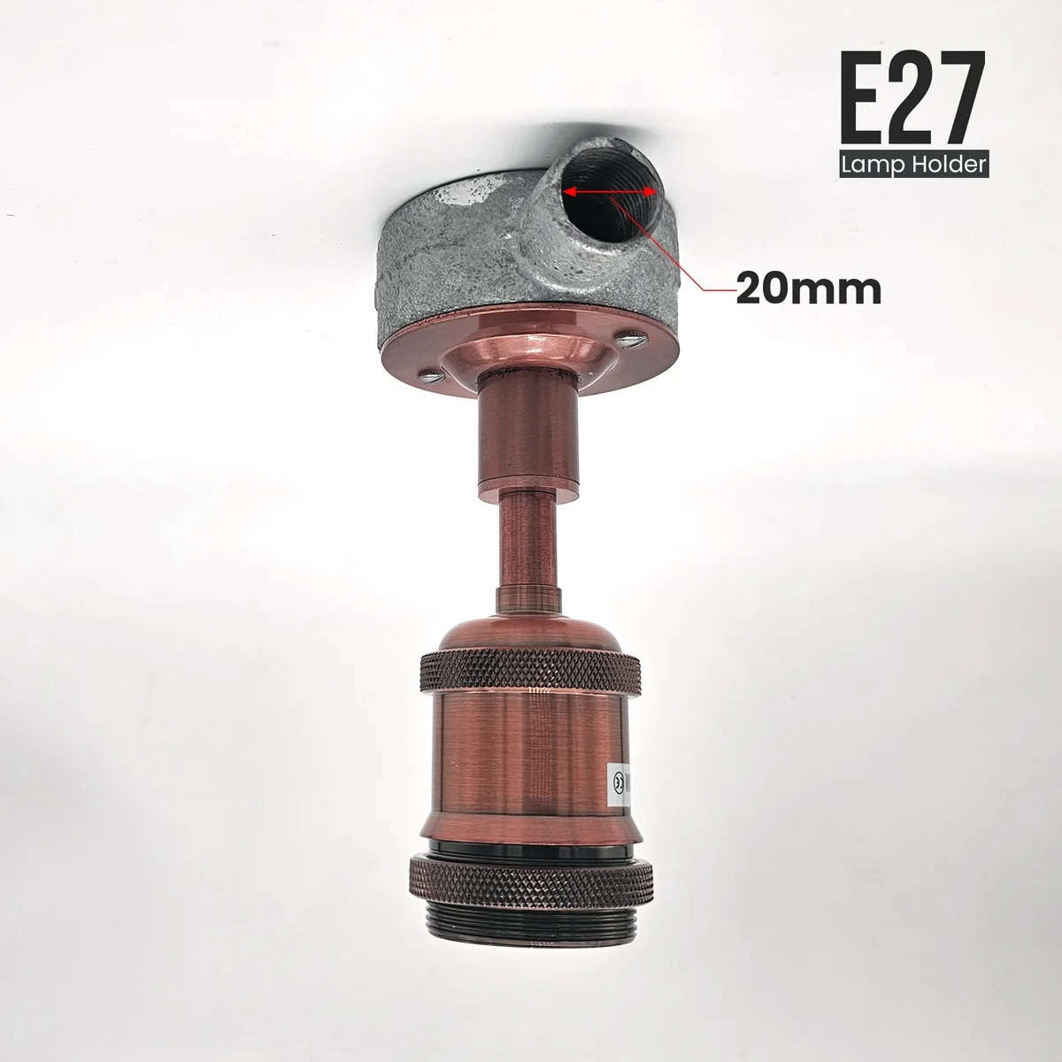 Industrial E27 lamp holder with 20mm conduit entry, metal ceiling light fitting for industrial-style lighting installations