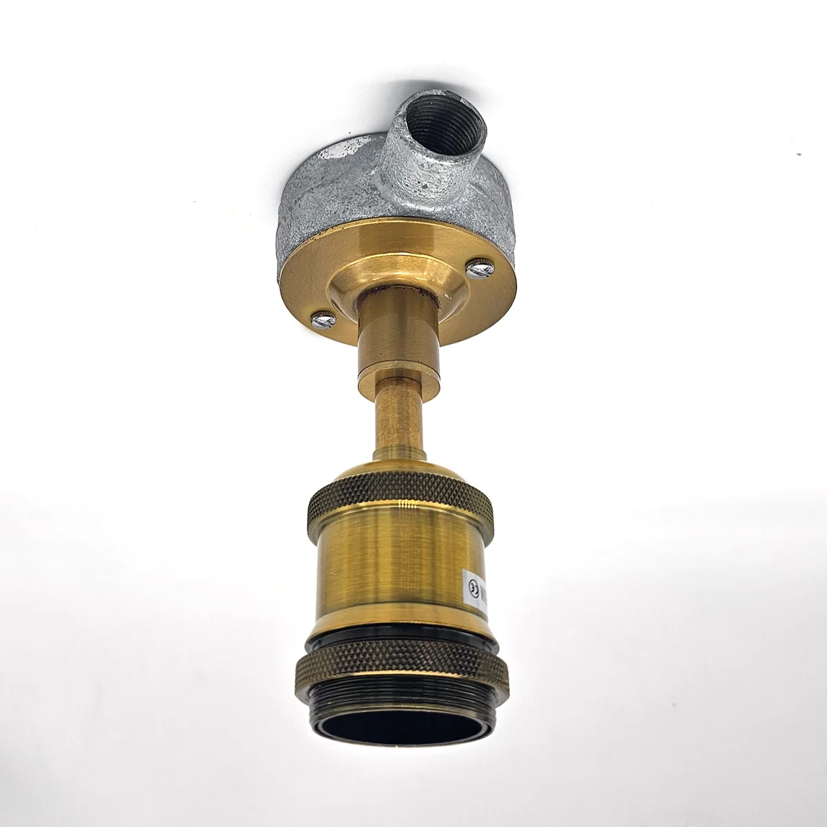 Industrial E27 lamp holder with metal 20mm conduit ceiling fitting and threaded entry for secure conduit pipe connection