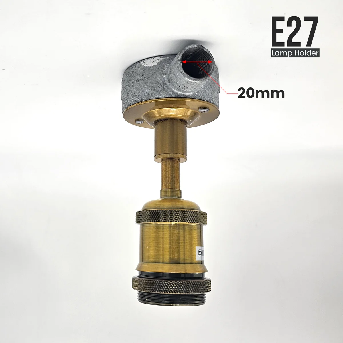 Metal ceiling lamp holder with 20mm conduit entry, E27 socket, and screw-fixed mounting plate in industrial style