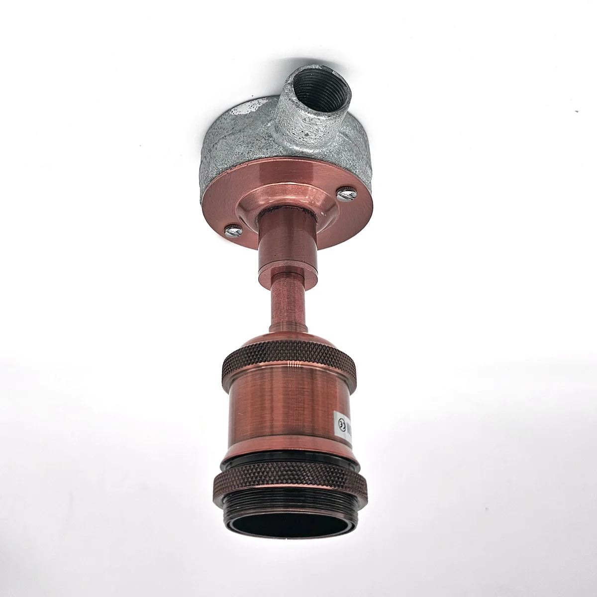 Industrial metal ceiling light fitting with E27 bulb socket and 20mm conduit entry for secure pipe installation