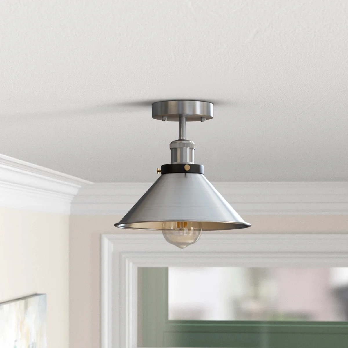 Satin nickel vintage ceiling light with metal cone shade and flush mount design for indoor use