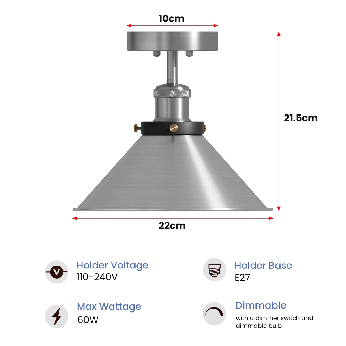 Satin nickel metal cone lampshade flush mount ceiling light with vintage industrial design and downward light direction