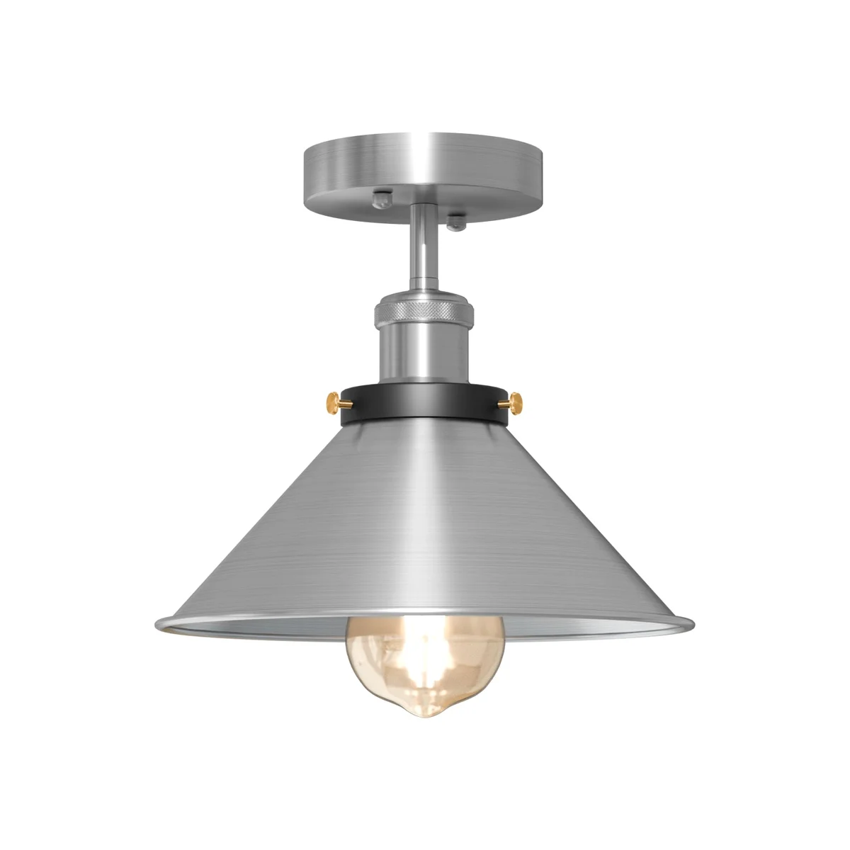 Satin nickel metal cone semi flush ceiling light mounted on white ceiling, showing sleek industrial vintage design