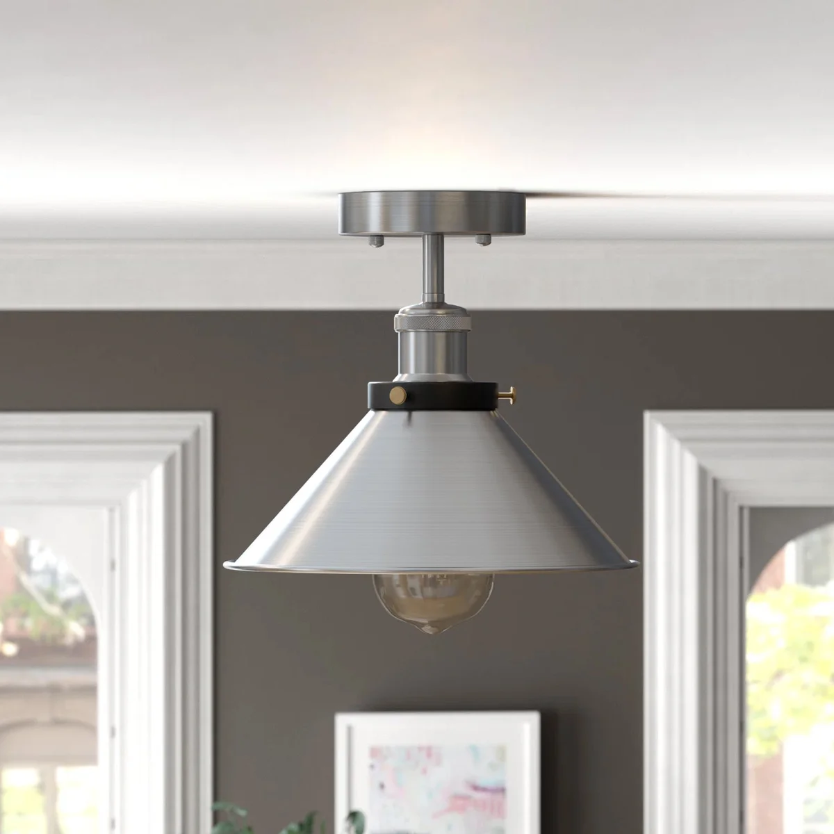 Satin nickel ceiling light with metal cone shade, flush mount design, shown installed on white ceiling in modern room