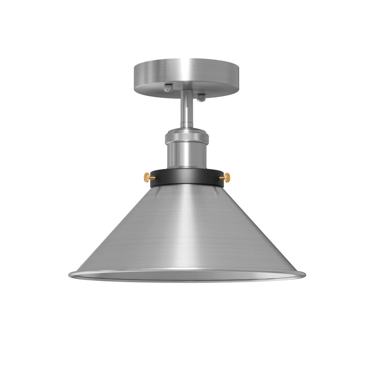 Satin nickel metal cone shade industrial ceiling lighting flush mount with ceiling rose and mounting accessories shown separately