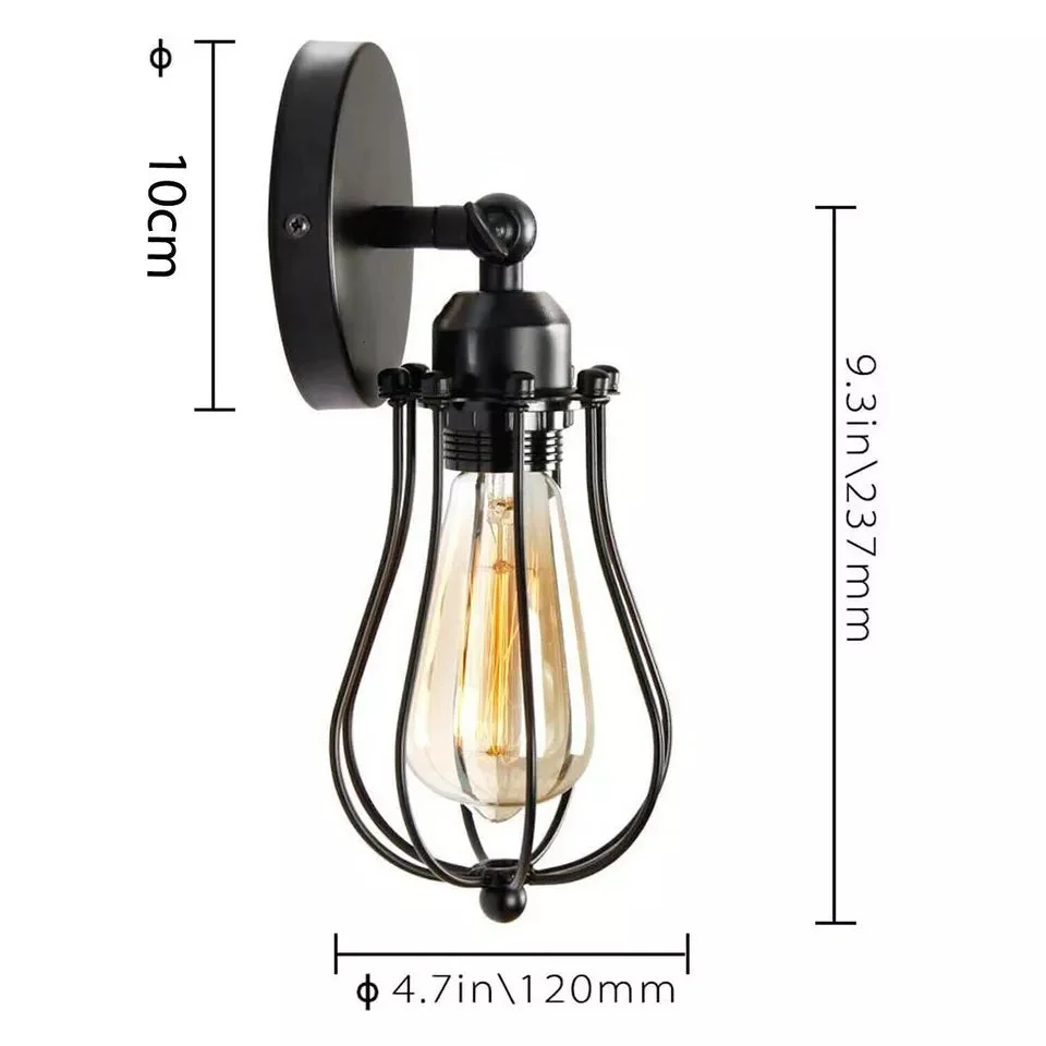 Black wall sconce with industrial metal cage design, dimmable E27 bulb, ideal for living rooms and bedrooms.