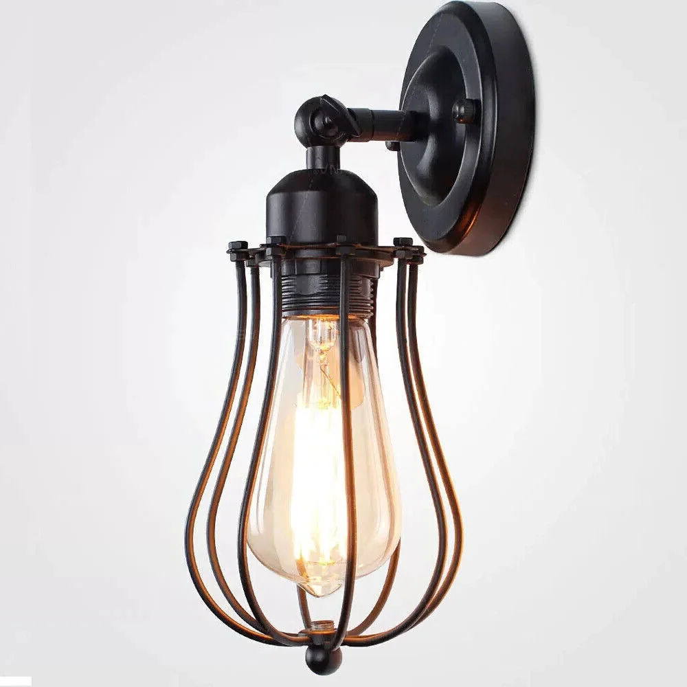 Black metal cage wall light mounted on a wall, featuring an industrial design with exposed bulb and dimmable LED option
