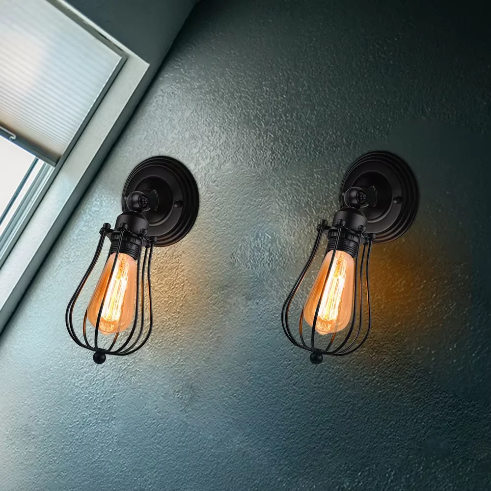 Black industrial cage E27 LED wall light mounted on a wall, suitable for living rooms or bedrooms, dimmable design