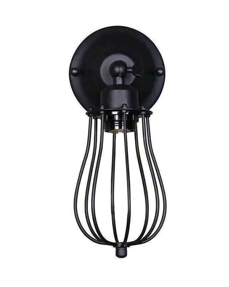 Black industrial wall light with metal cage design, wall-mounted, suitable for living rooms and bedrooms, dimmable LED compatible