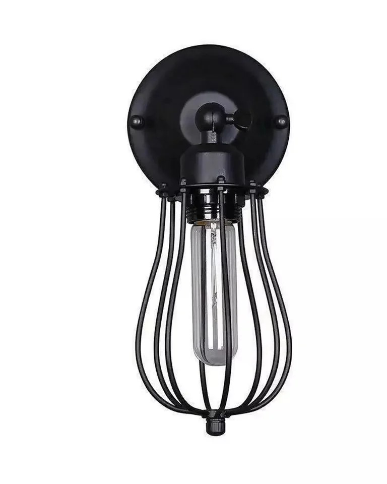 Black industrial wall light with metal cage design, wall mounted, suitable for living rooms and bedrooms, E27 bulb base.