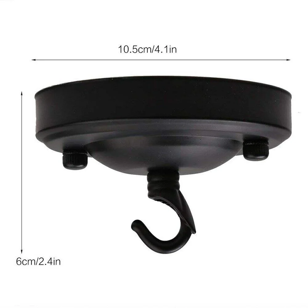 Black metal hook plate for chandeliers ceiling rose with hook, screws, washers, and matching screw caps included
