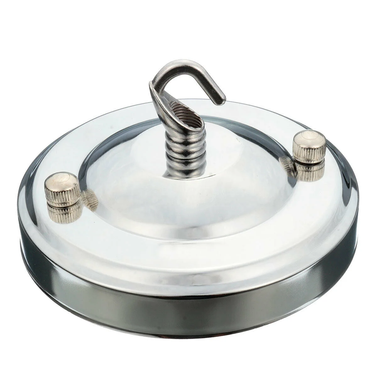 Indoor ceiling hook plate holder in black metal with mounting screws and earth lead for pendant lamp fitting installation