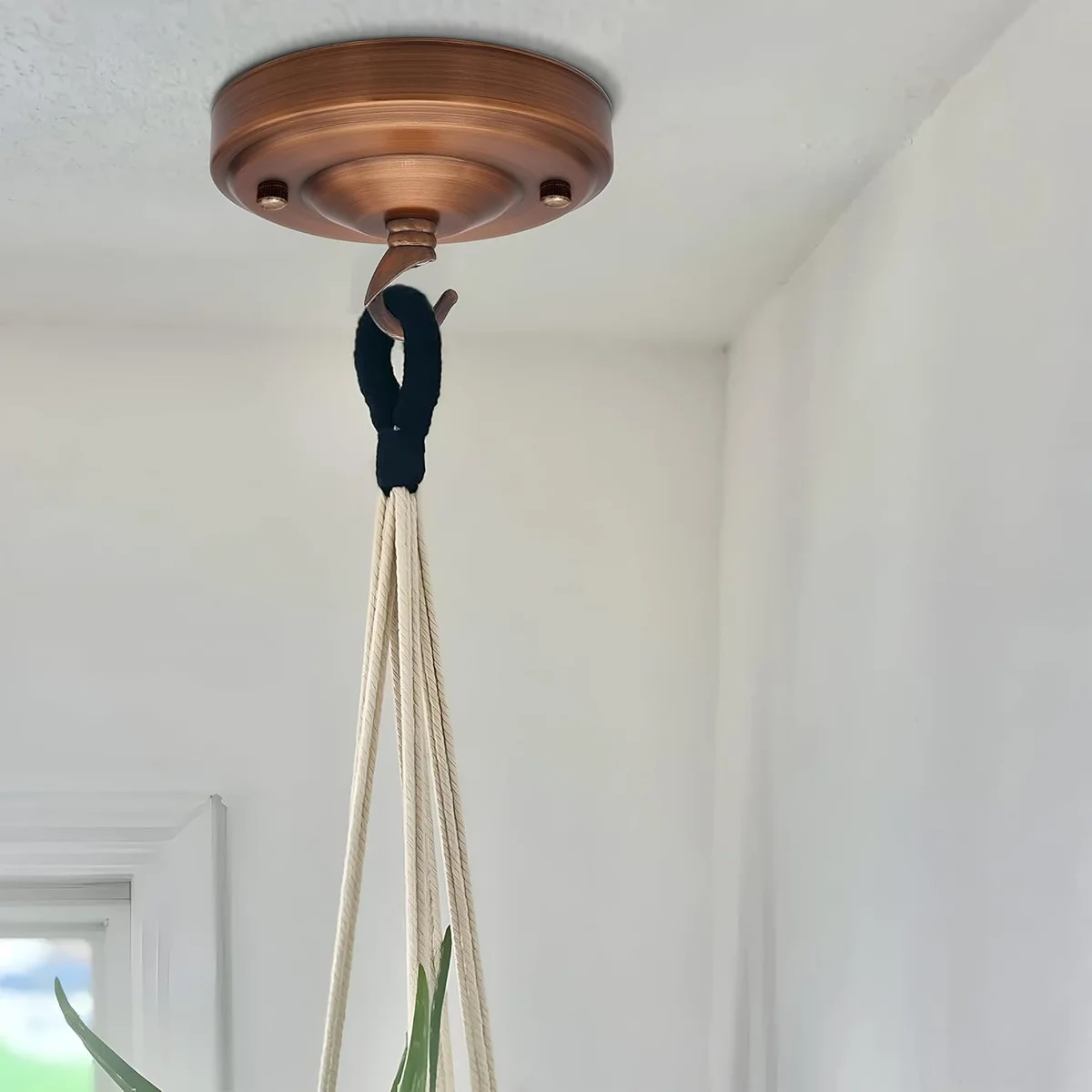 Black metal ceiling rose hook with mounting plate and screws for pendant lamp fitting, 108mm diameter, indoor use