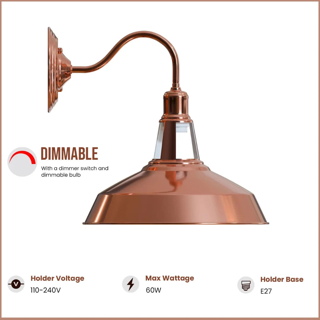 Rose gold metal wall light shade with barn slotted design mounted on a wall sconce arm, 30 cm diameter