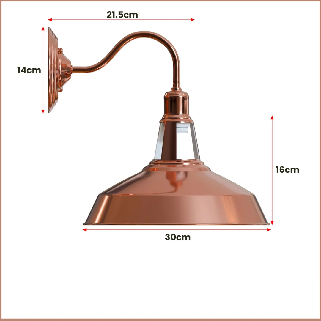 Rose gold metal barn slotted lampshade wall sconce with arm and ceiling rose, modern vintage style lighting accessory