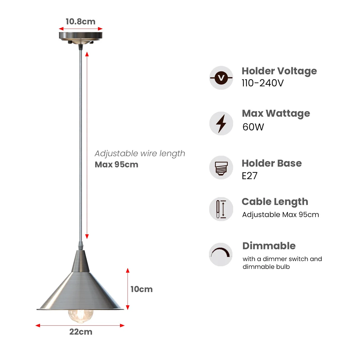 Chrome metal cone shade E27 pendant lamp with adjustable long cable and ceiling rose, modern indoor lighting fixture
