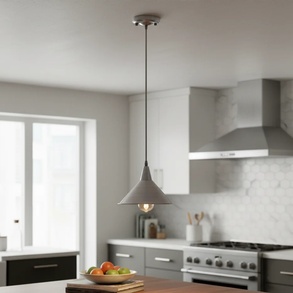 Chrome metal cone shade modern ceiling light with adjustable cord and E27 bulb holder hanging from ceiling rose