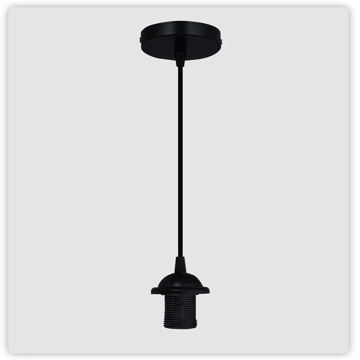 Vintage style ceiling rose light fitting with PVC cable and metal pendant holder in rustic finish against white background