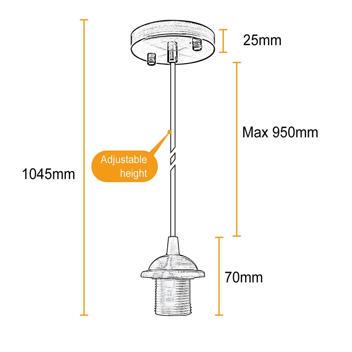 Retro indoor pendant light with vintage metal ceiling rose and 95cm cable hanging against white background