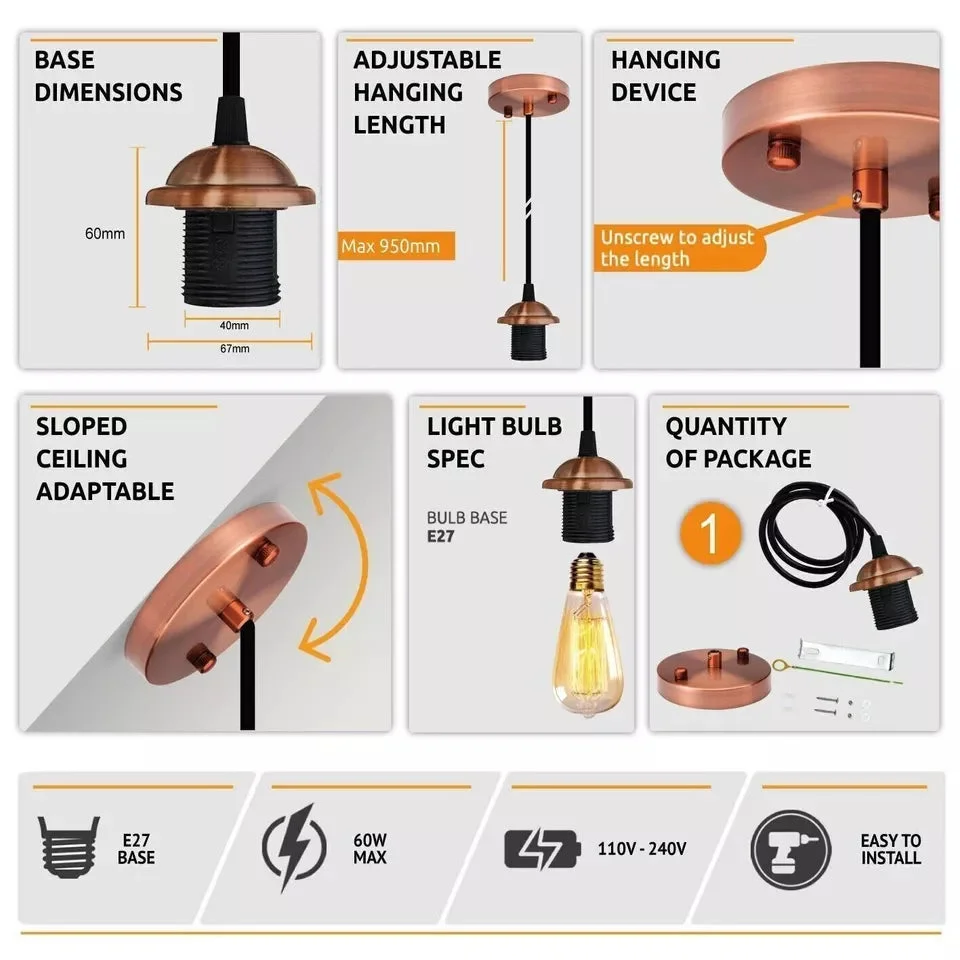 Vintage pendant light with metal ceiling rose and 95cm cable, designed for indoor use with E27 socket fitting