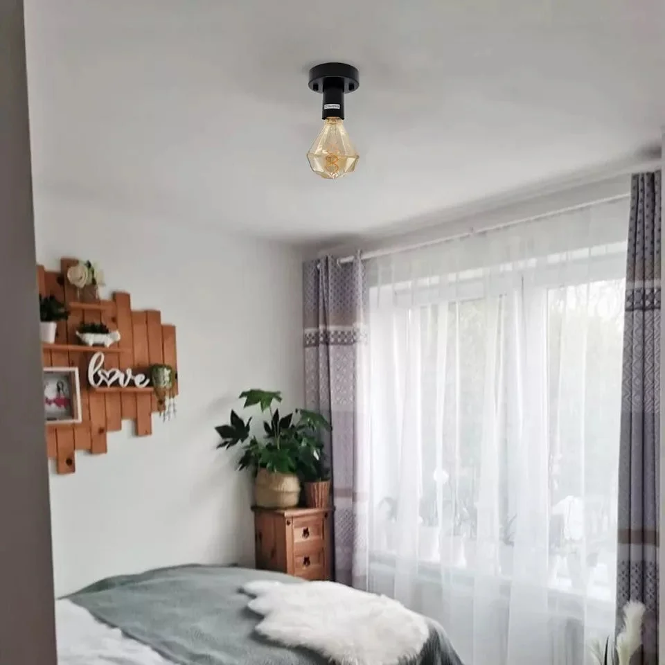 Black metal industrial E27 lamp holder with plain pattern and ceiling plate for vintage Edison bulbs, flush mount design