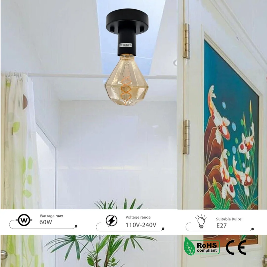 Black industrial lamp holder with E27 base and metal ceiling plate, designed for vintage Edison bulbs, flush mount style