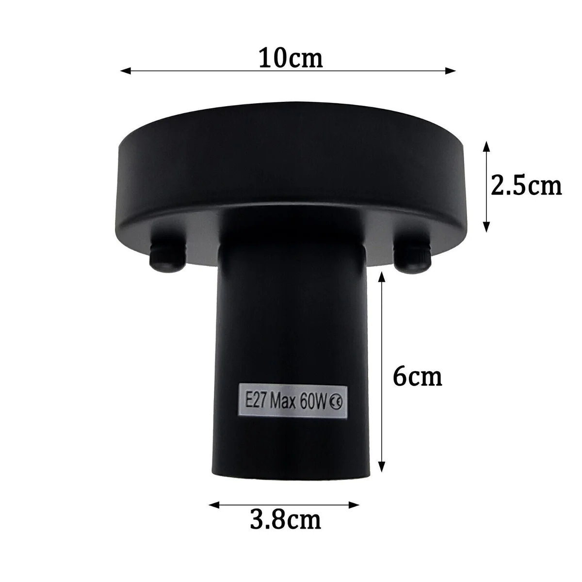 Black metal light holder with E27 socket and round ceiling plate, designed for vintage or LED bulbs in industrial style