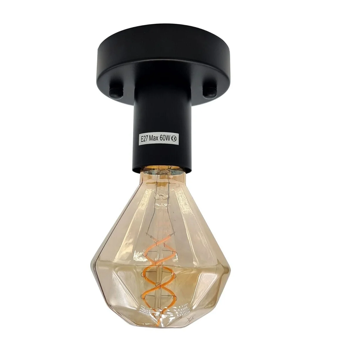 Black metal vintage style lamp E27 bulb holder with ceiling plate and assembly parts on white background