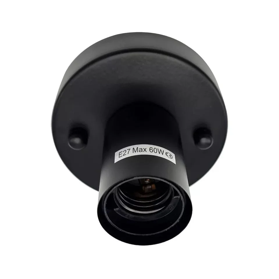 Black metal E27 light fitting with plain pattern lamp bulb holder and ceiling plate for wall or ceiling mounting