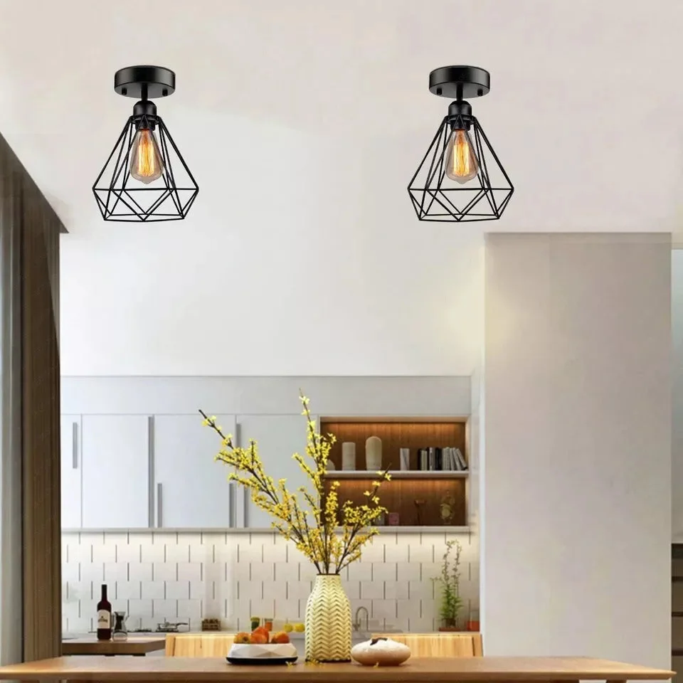Black metal cage vintage ceiling light flush mount with open bottom design for easy bulb installation