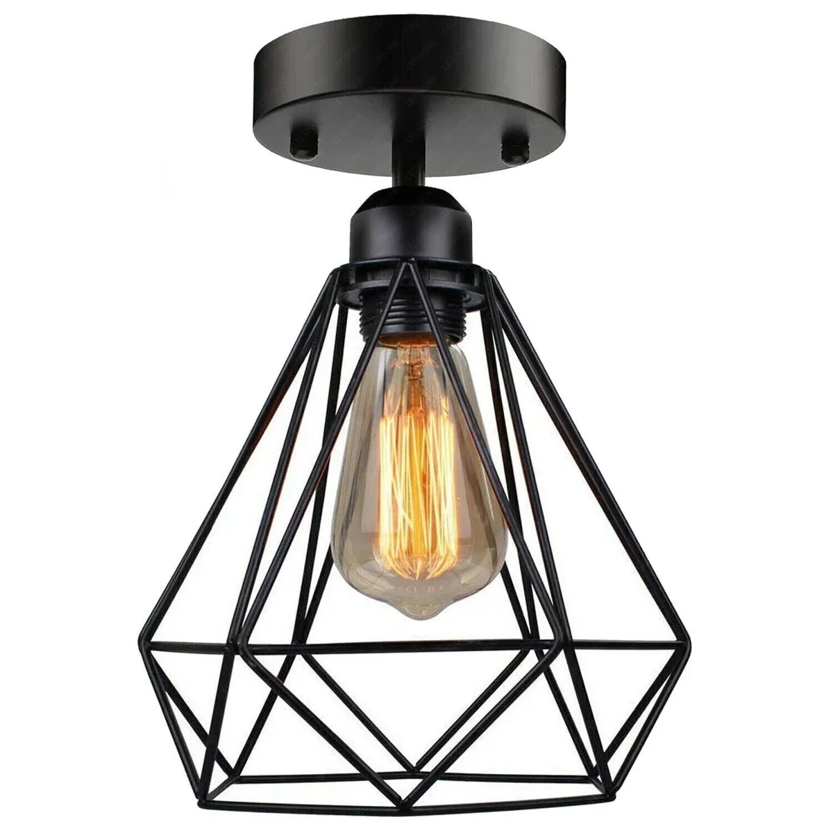 Black vintage flush mount ceiling light with open metal cage design, suitable for indoor use with E27 bulb