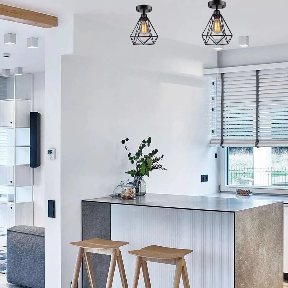 Black metal cage vintage ceiling light flush mount with open bottom design, suitable for indoor use and dimmable bulbs