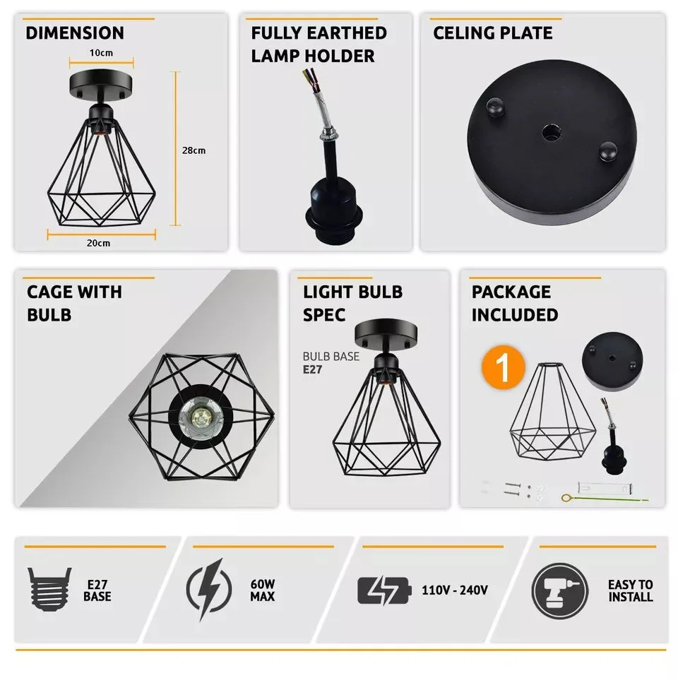 Black metal cage vintage ceiling light flush mount with open bottom design, suitable for indoor use and dimmable bulbs
