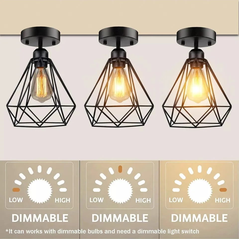 Black metal cage vintage ceiling light flush mount with open bottom design, suitable for indoor use and dimmable bulbs