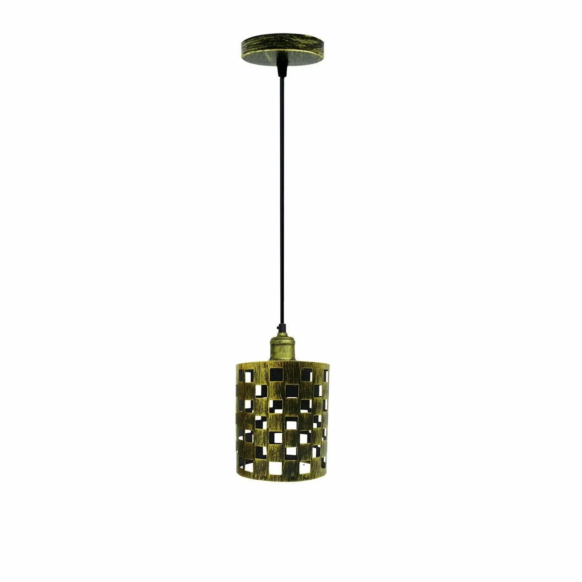 Brushed antique brass metal ceiling pendant shades hang from ceiling, styled for kitchen island lighting.