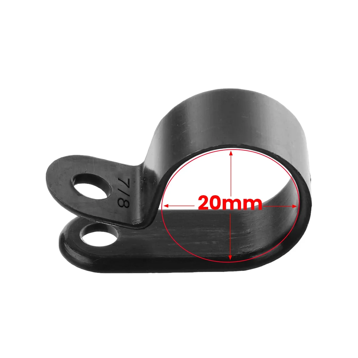 Black plastic cable clips with rubber lining and dual mounting holes for securing cables, hoses, or tubes, 20mm diameter clamp