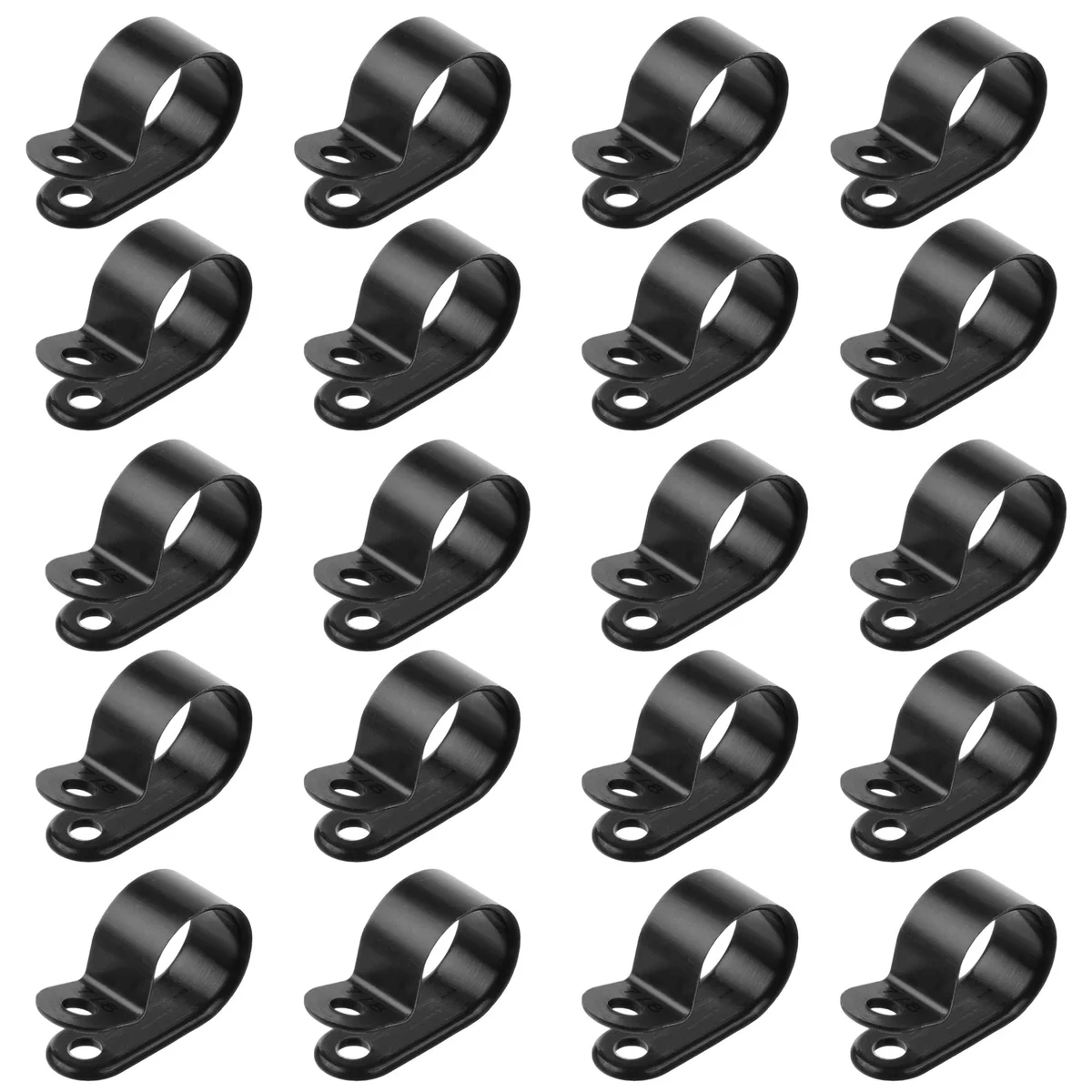 Black plastic P clip cable clamp fasteners with rubber lining and dual mounting holes for securing cables and hoses