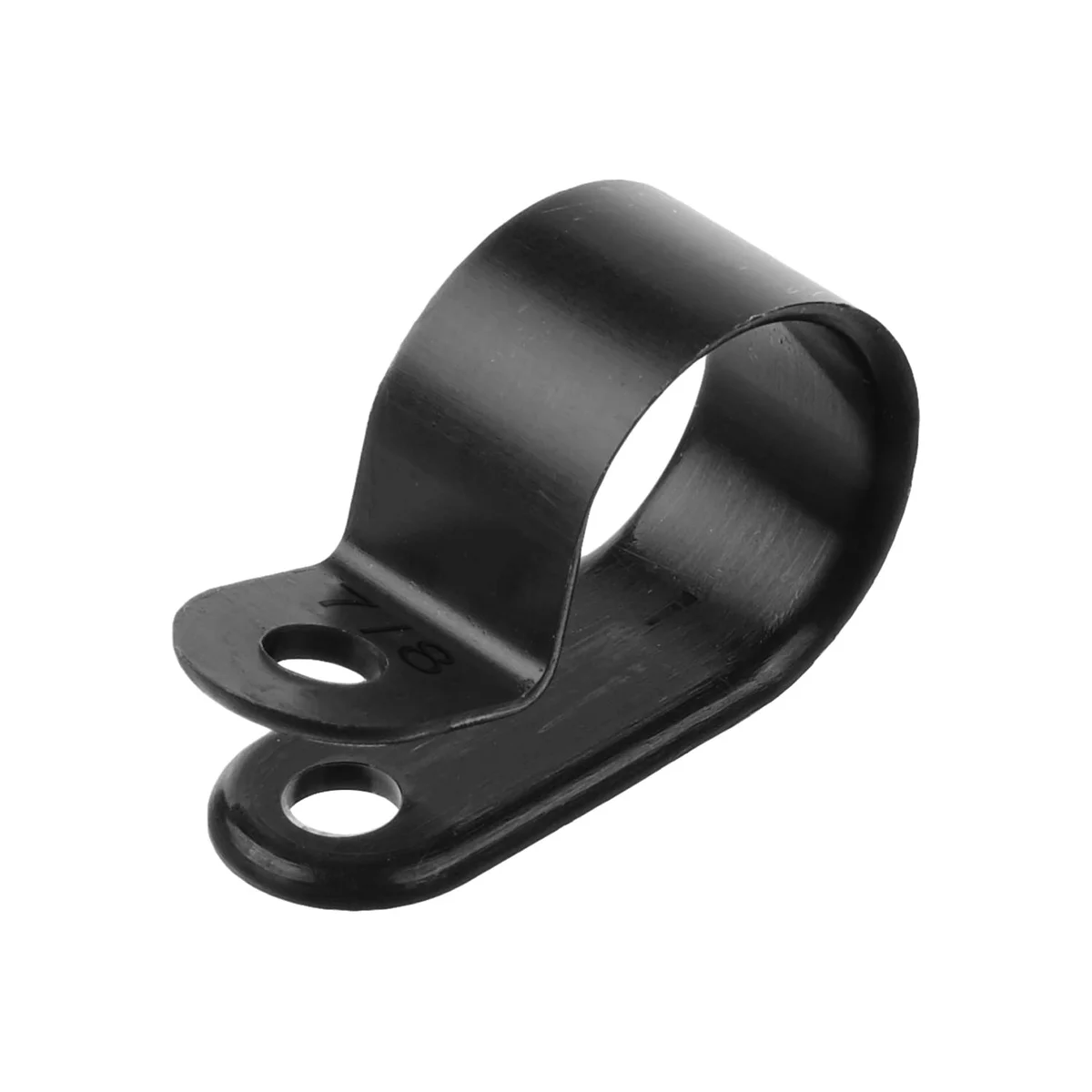 Black plastic P clip wire management clips with dual mounting holes and rubber cushion for cables and hoses, 20mm diameter