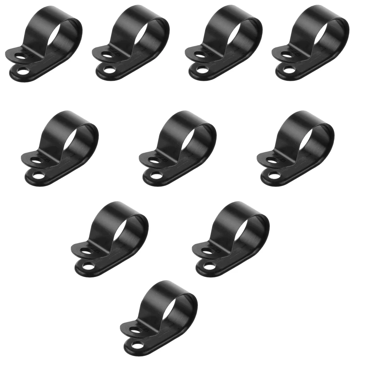 Black plastic cable clips with rubber lining and dual mounting holes, shown in a close-up on a white background
