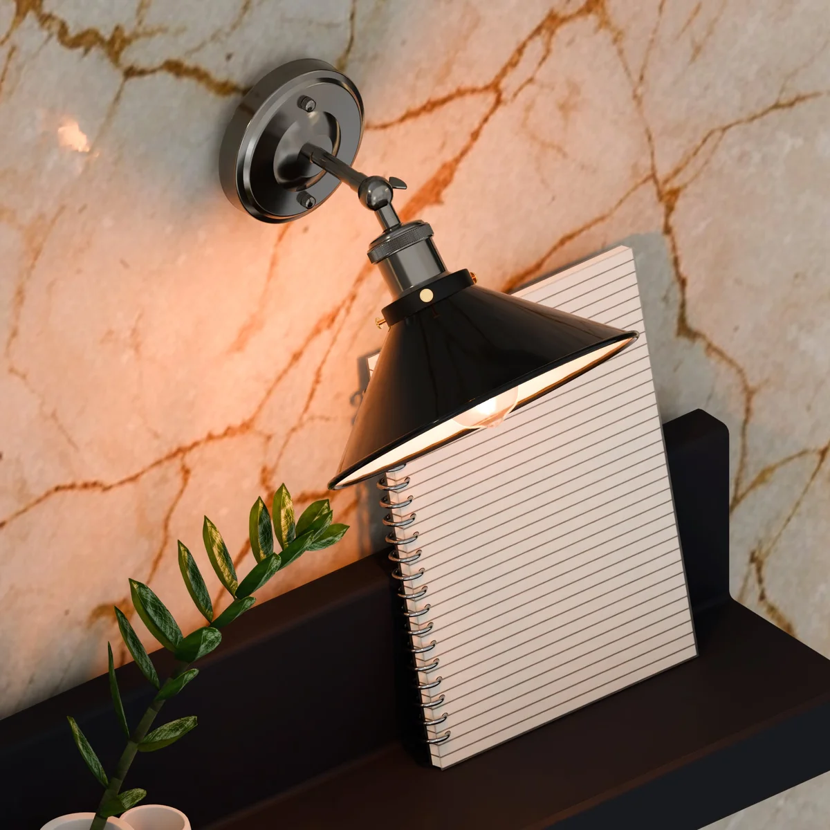 Black metal adjustable wall light with vintage-style arm and E27 bulb holder mounted on white wall