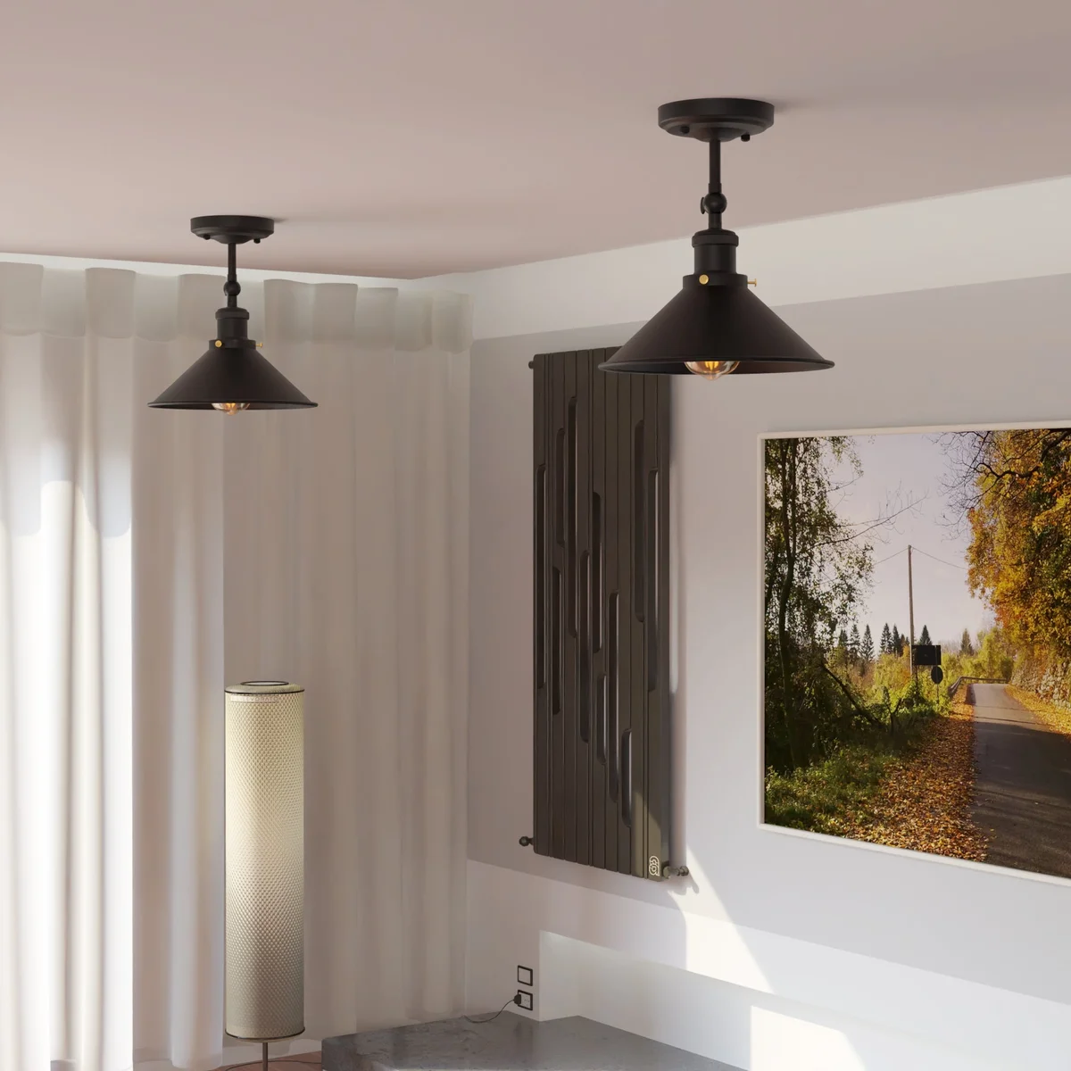 Black wall sconce with adjustable metal arm and industrial-style shade mounted on a white wall, E27 bulb compatible