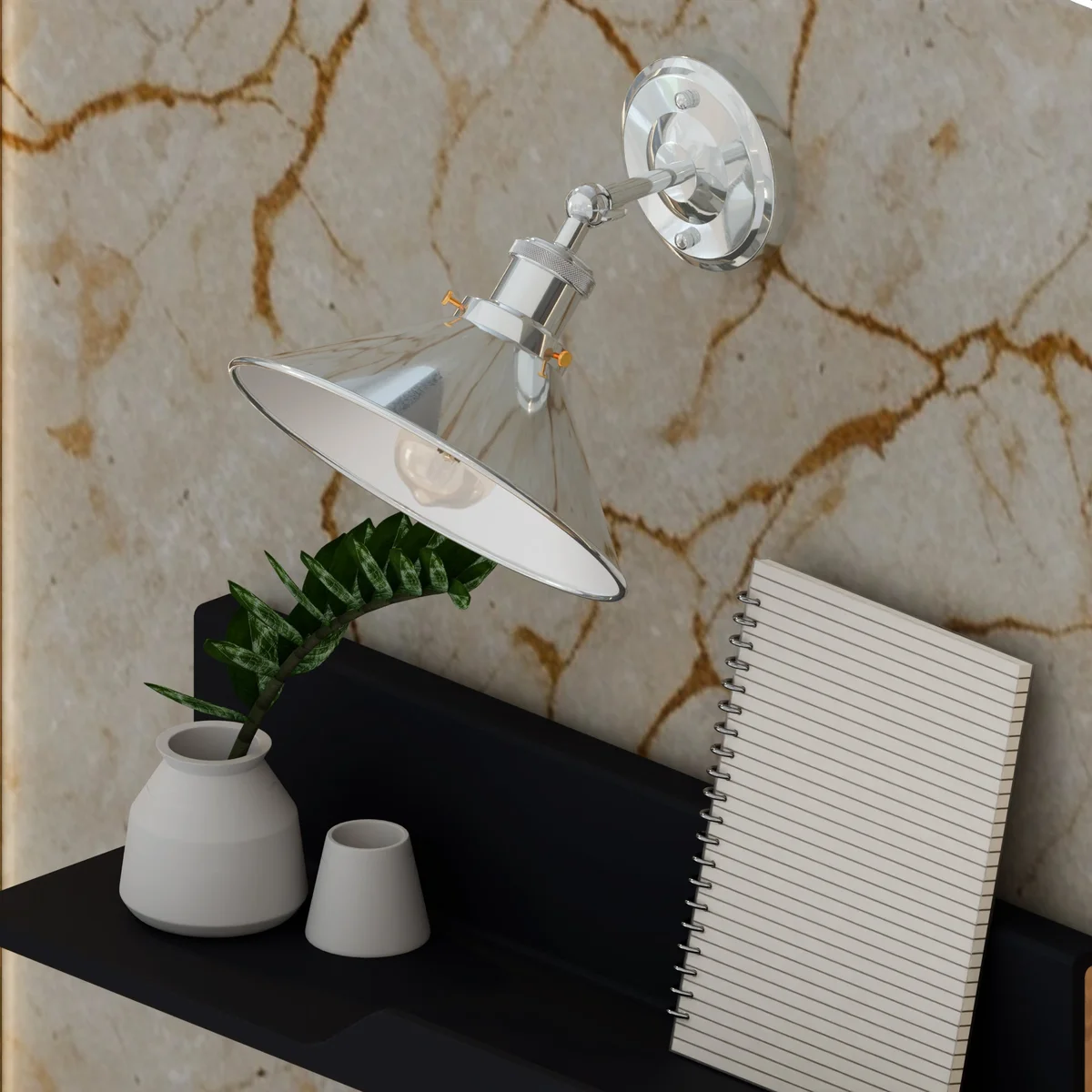 Black metal industrial wall lamp with adjustable arm and E27 bulb holder mounted on a white wall